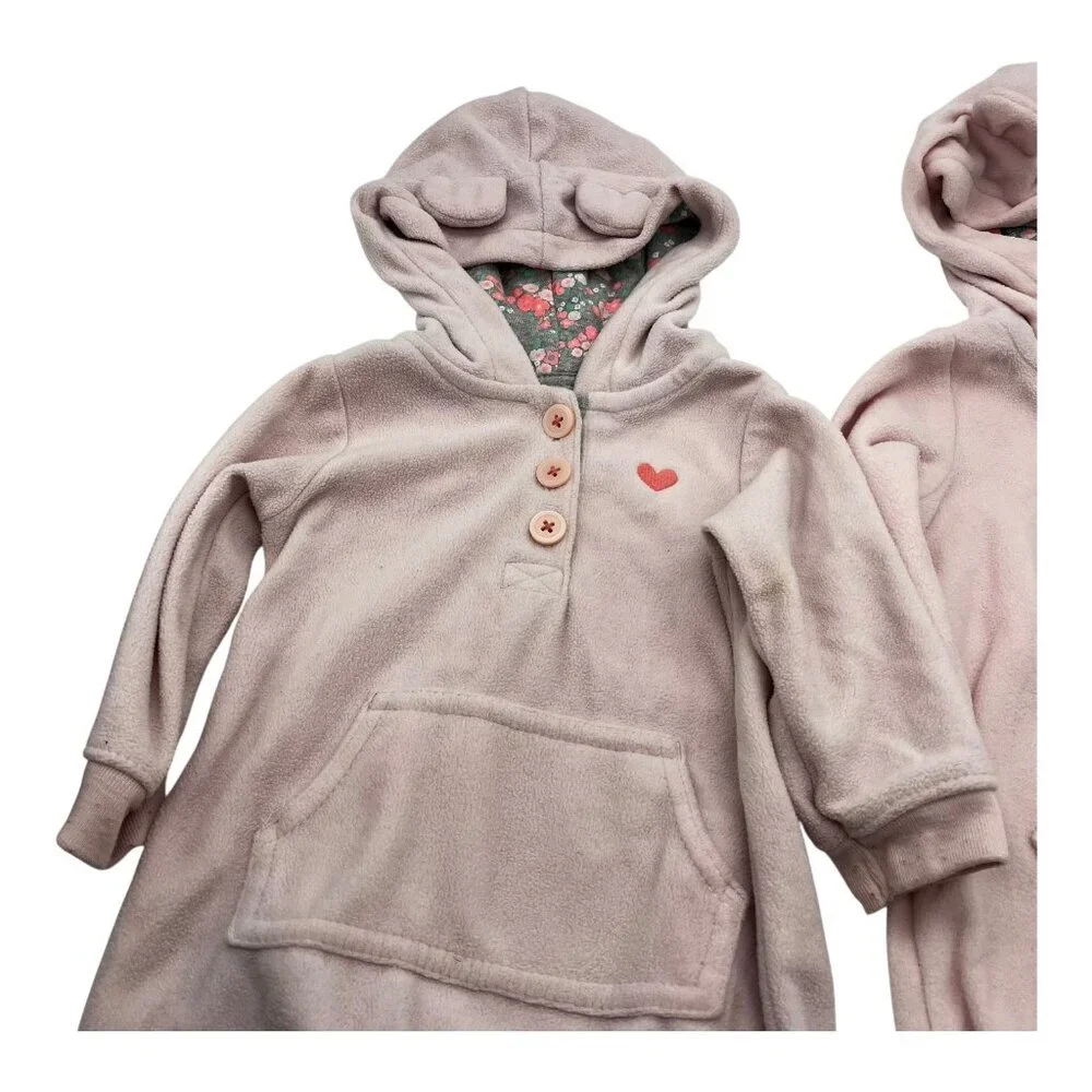 Lot Of 2 Carter’s Baby Hooded Fleece One‎ Piece 6-9M Heart Pink Floral Pocket